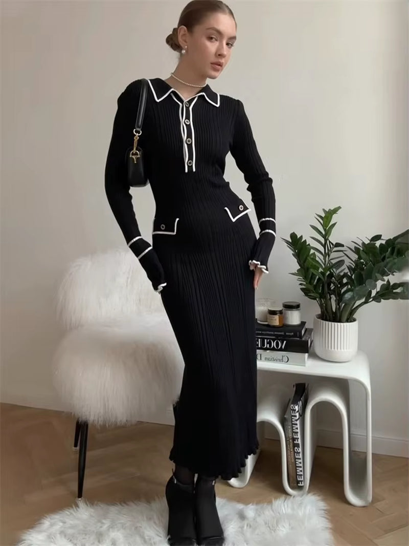 Ruffled Fashion Knit Dress Women Autumn Ribbed Contrast Long Sleeve High Waist Lapel Gown Dress Knitwear Ladies Maxi Dress