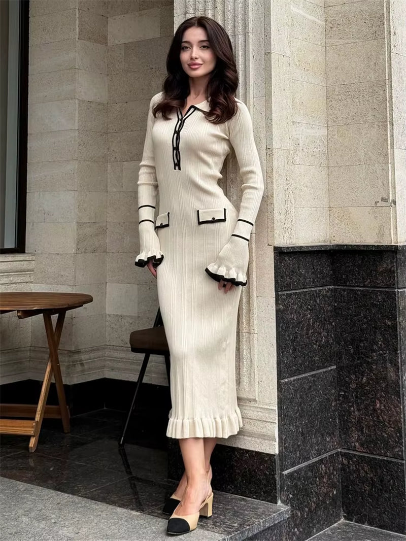 Ruffled Fashion Knit Dress Women Autumn Ribbed Contrast Long Sleeve High Waist Lapel Gown Dress Knitwear Ladies Maxi Dress