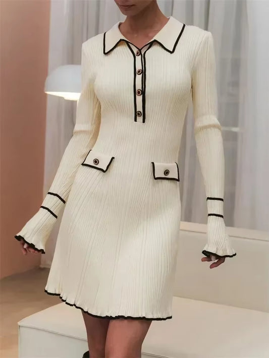 Ruffled Fashion Knit Dress Women Autumn Ribbed Contrast Long Sleeve High Waist Lapel Gown Dress Knitwear Ladies Maxi Dress