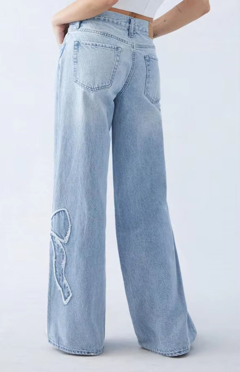 Streetwear New Fashion Bow Embroidered Baggy Jeans Women Y2K Harajuku Vintage Popular Casual Gothic High Waist Wide Leg Pants