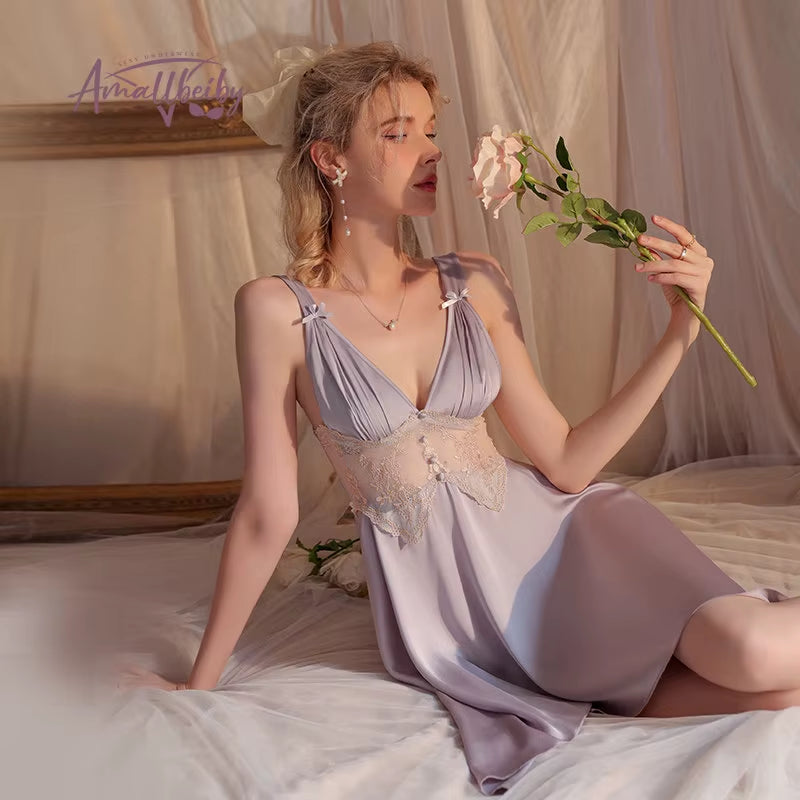 New Sexy Night Dress Solid Color Pajamas Comfortable Sweet Sling Nightgown Loose Nightdress Silk Night Gown for Women Sleepwear