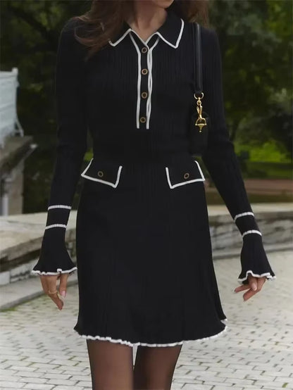 Ruffled Fashion Knit Dress Women Autumn Ribbed Contrast Long Sleeve High Waist Lapel Gown Dress Knitwear Ladies Maxi Dress