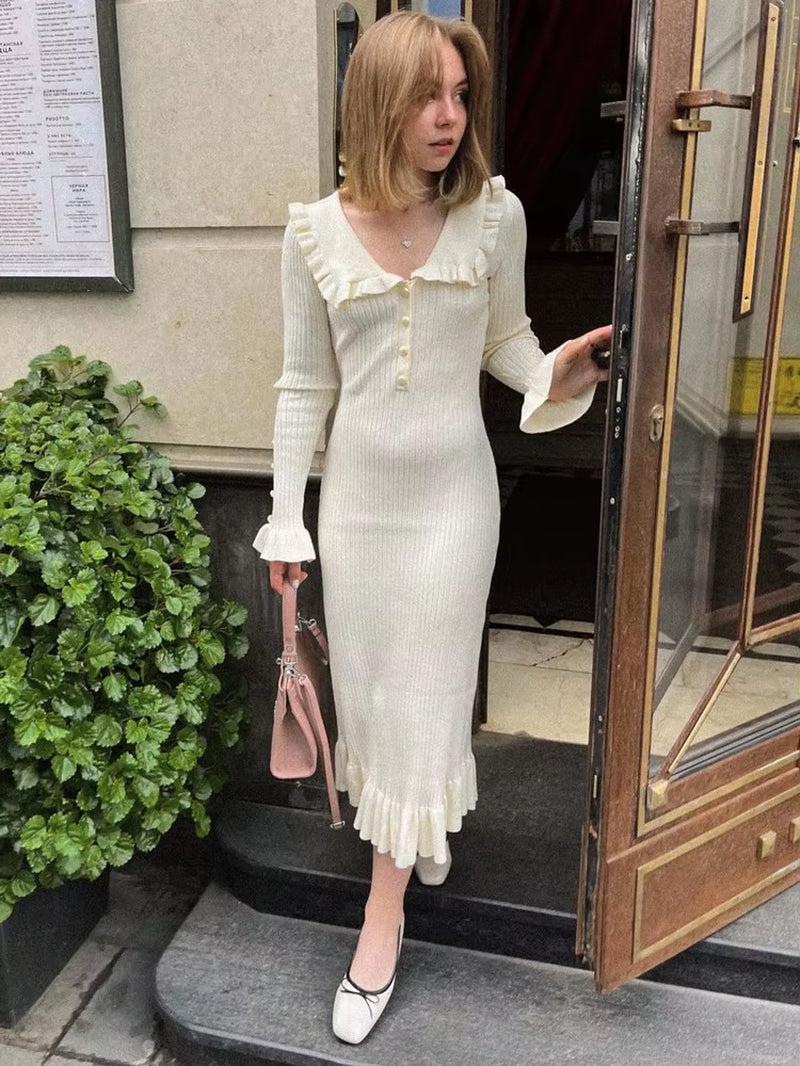 Ruffled Fashion Knit Dress Women Autumn Ribbed Contrast Long Sleeve High Waist Lapel Gown Dress Knitwear Ladies Maxi Dress