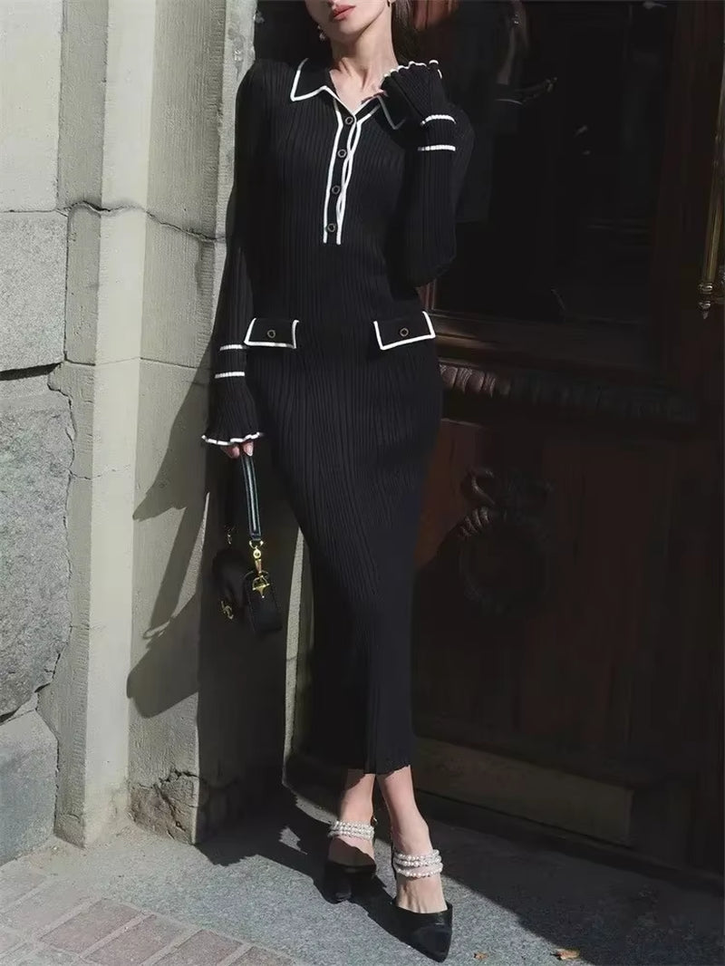 Ruffled Fashion Knit Dress Women Autumn Ribbed Contrast Long Sleeve High Waist Lapel Gown Dress Knitwear Ladies Maxi Dress