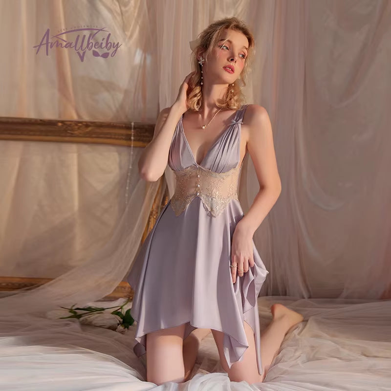 New Sexy Night Dress Solid Color Pajamas Comfortable Sweet Sling Nightgown Loose Nightdress Silk Night Gown for Women Sleepwear