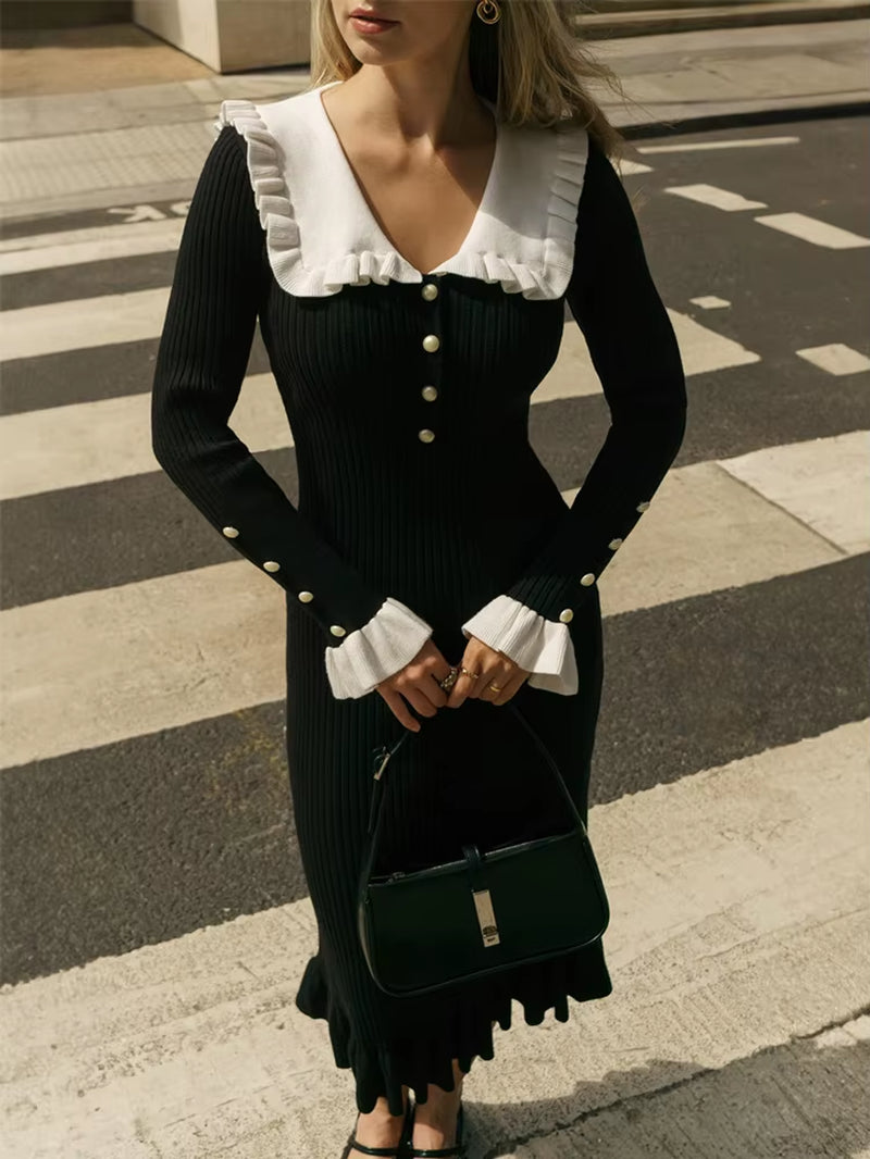 Ruffled Fashion Knit Dress Women Autumn Ribbed Contrast Long Sleeve High Waist Lapel Gown Dress Knitwear Ladies Maxi Dress